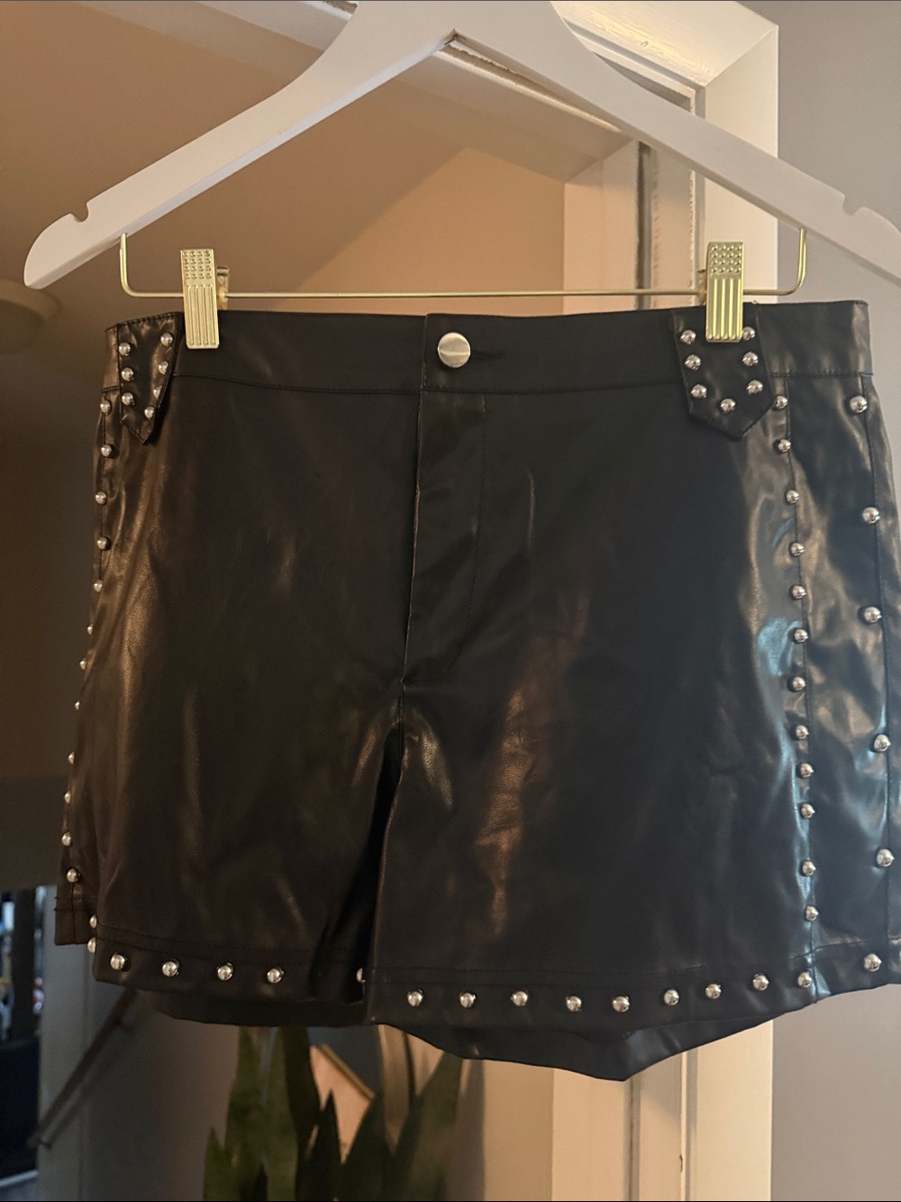 Black Faux Leather Studded Skort with Metallic Accents